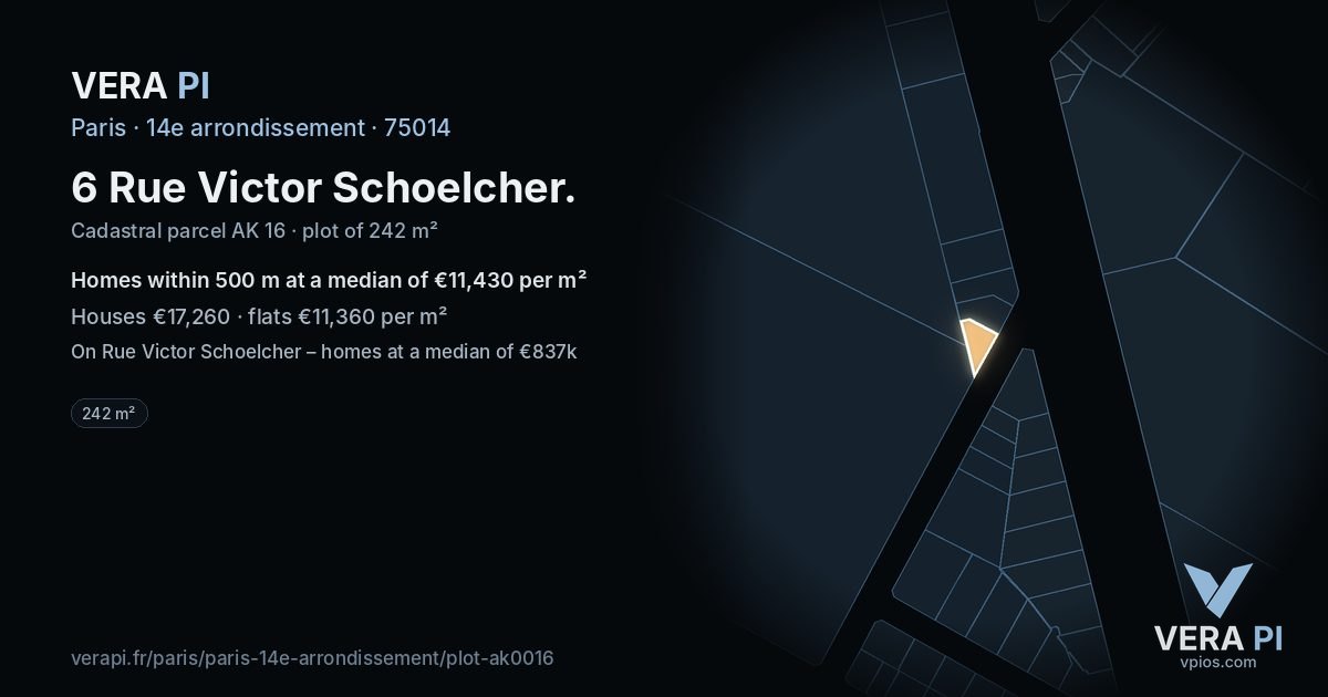6 Rue Victor Schoelcher, 14e arrondissement at night – the plot lit, the parcels around coloured by the prices near them