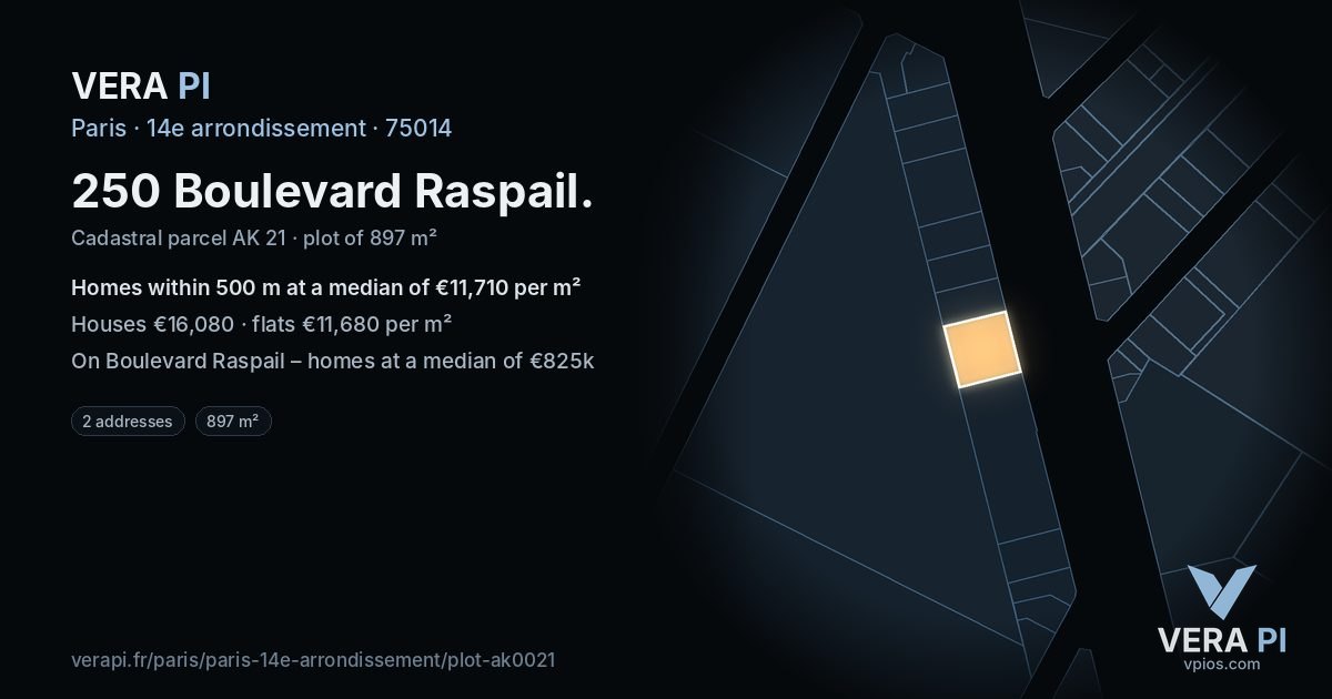 250 Boulevard Raspail, 14e arrondissement at night – the plot lit, the parcels around coloured by the prices near them