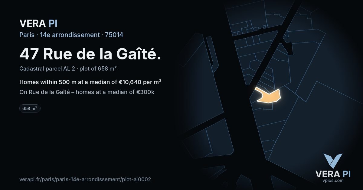 47 Rue de la Gaîté, 14e arrondissement at night – the plot lit, the parcels around coloured by the prices near them