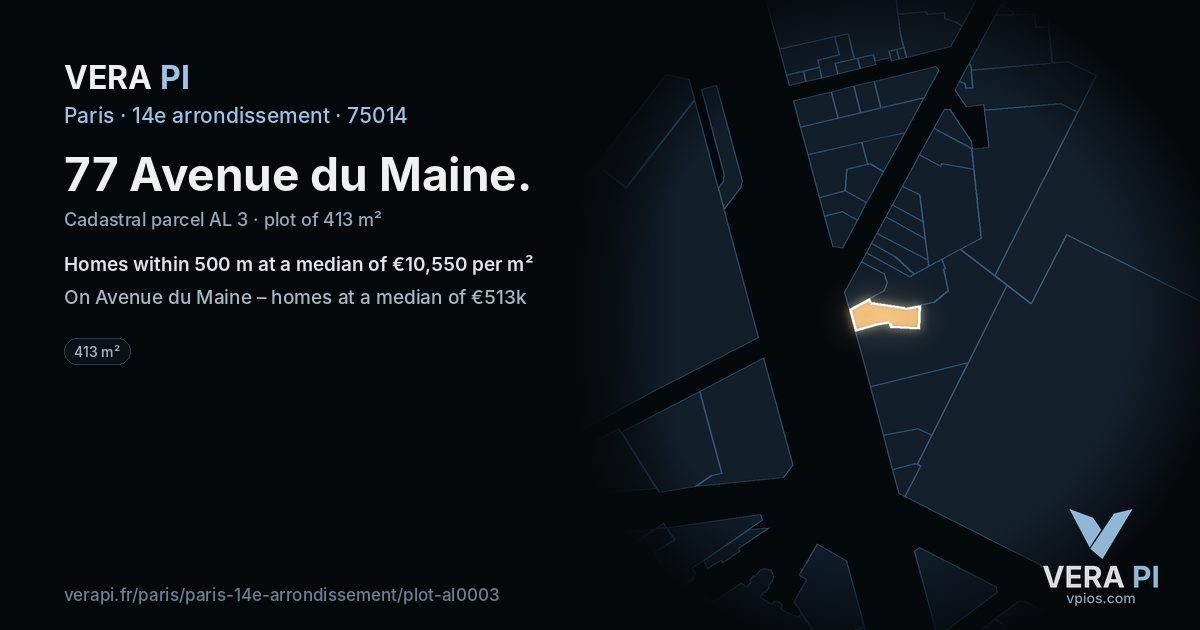 77 Avenue du Maine, 14e arrondissement at night – the plot lit, the parcels around coloured by the prices near them
