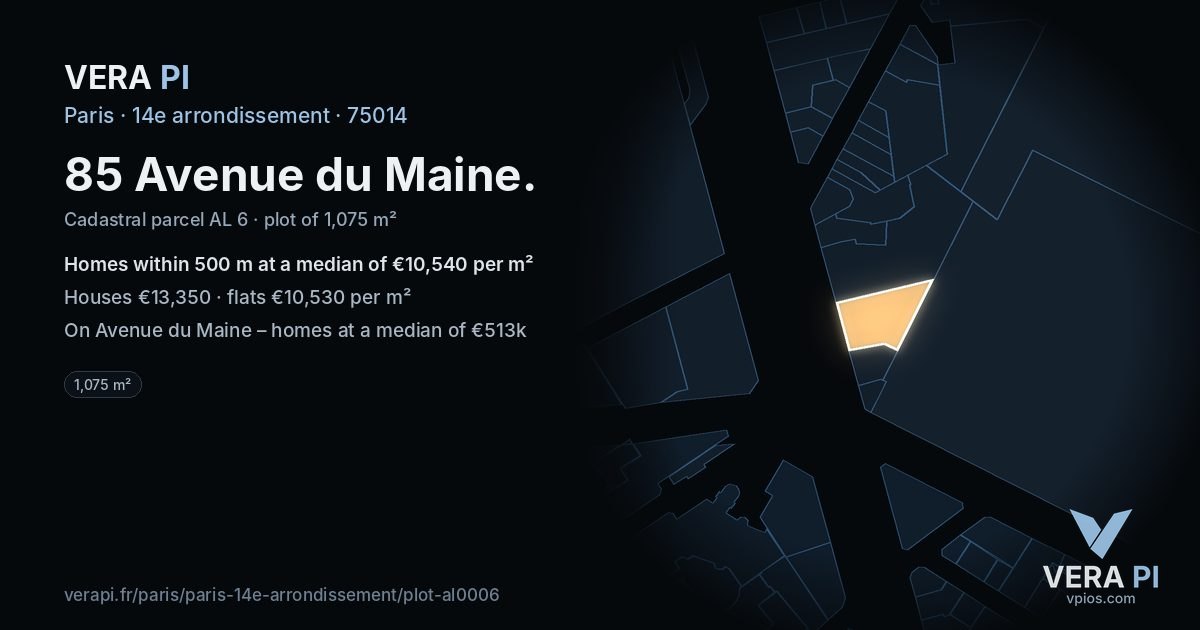 85 Avenue du Maine, 14e arrondissement at night – the plot lit, the parcels around coloured by the prices near them