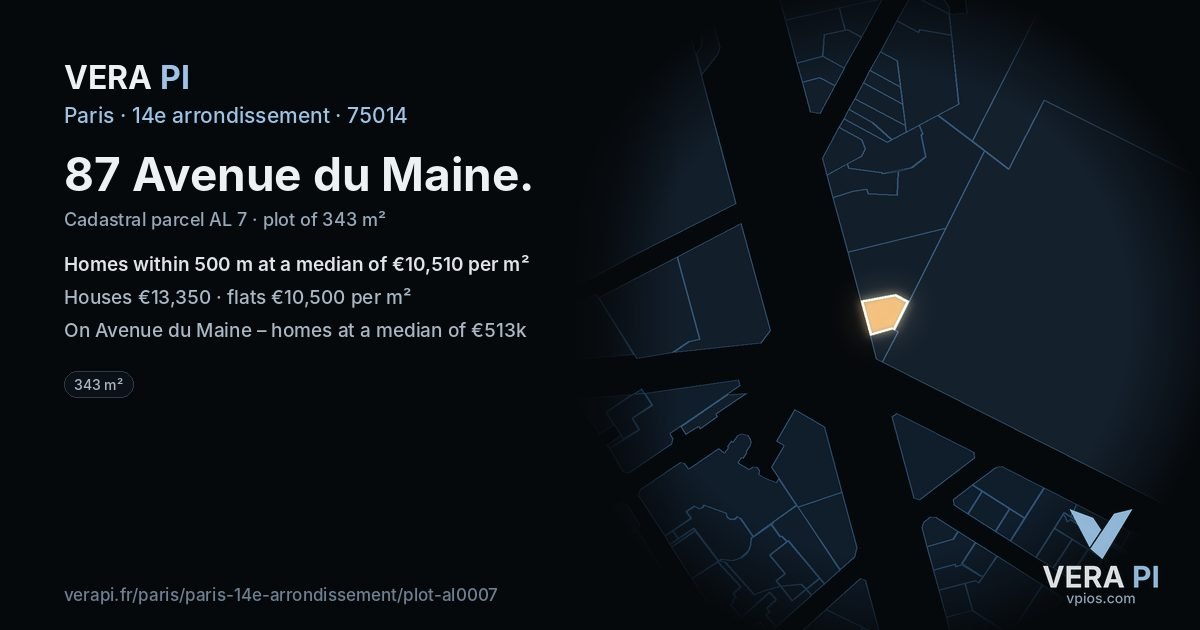87 Avenue du Maine, 14e arrondissement at night – the plot lit, the parcels around coloured by the prices near them