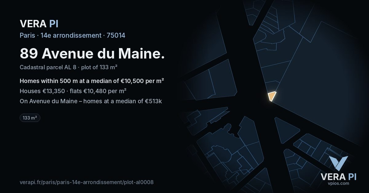 89 Avenue du Maine, 14e arrondissement at night – the plot lit, the parcels around coloured by the prices near them