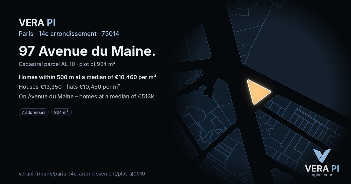 97 Avenue du Maine, 14e arrondissement at night – the plot lit, the parcels around coloured by the prices near them
