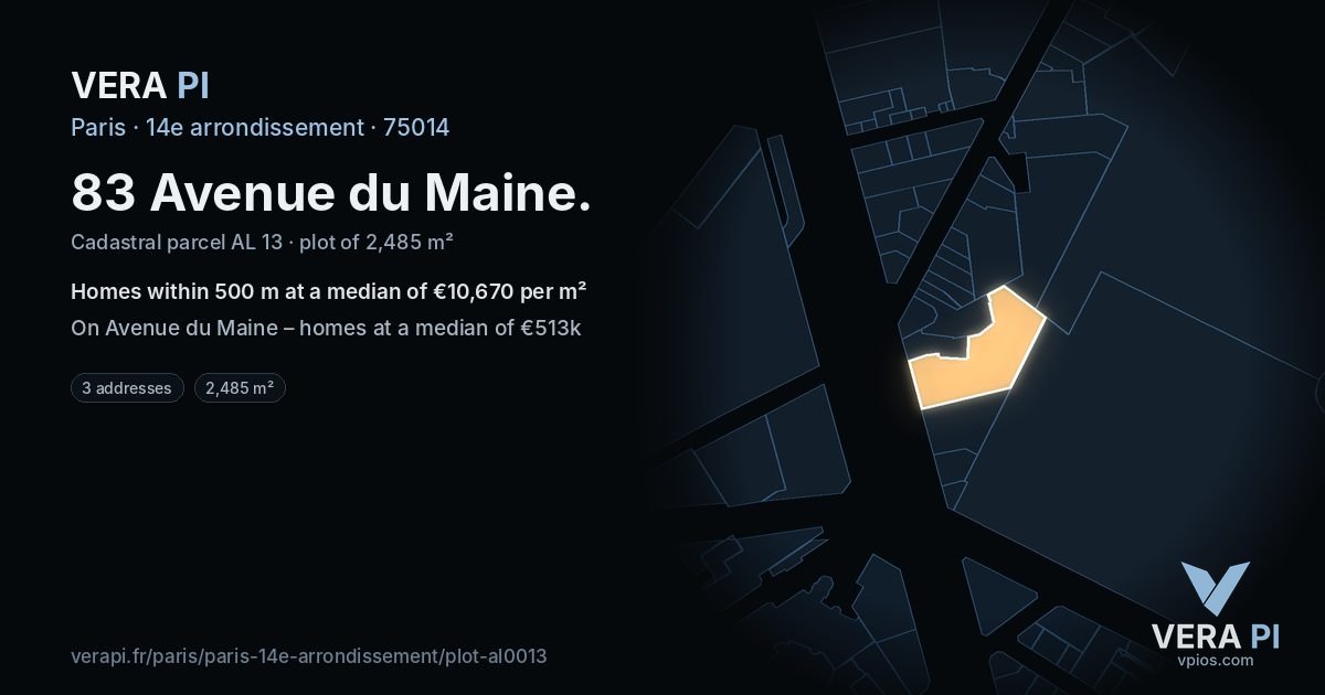 83 Avenue du Maine, 14e arrondissement at night – the plot lit, the parcels around coloured by the prices near them
