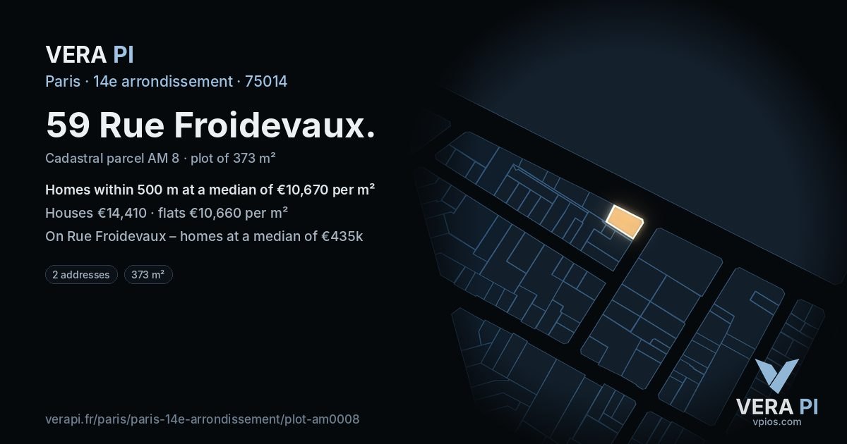 59 Rue Froidevaux, 14e arrondissement at night – the plot lit, the parcels around coloured by the prices near them