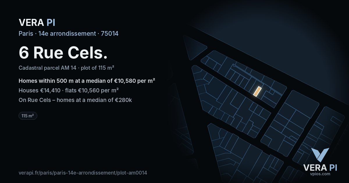 6 Rue Cels, 14e arrondissement at night – the plot lit, the parcels around coloured by the prices near them