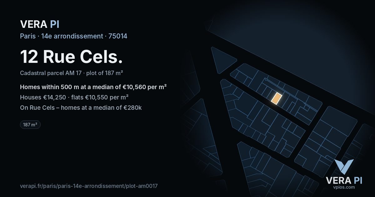 12 Rue Cels, 14e arrondissement at night – the plot lit, the parcels around coloured by the prices near them
