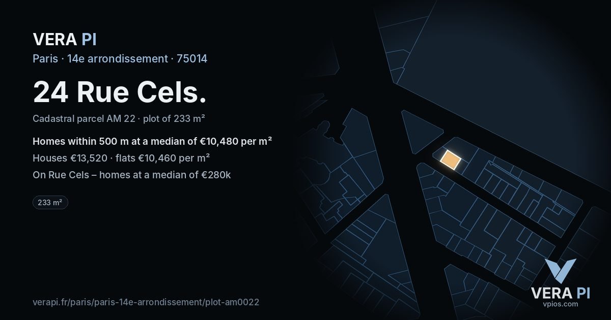 24 Rue Cels, 14e arrondissement at night – the plot lit, the parcels around coloured by the prices near them