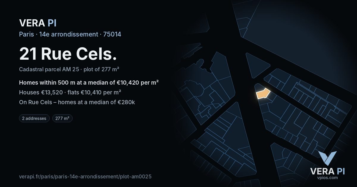 21 Rue Cels, 14e arrondissement at night – the plot lit, the parcels around coloured by the prices near them