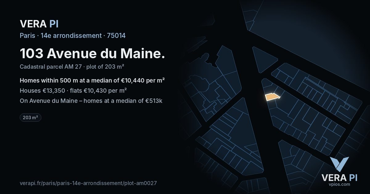 103 Avenue du Maine, 14e arrondissement at night – the plot lit, the parcels around coloured by the prices near them