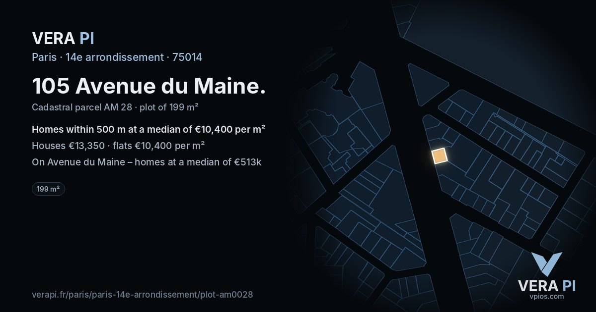 105 Avenue du Maine, 14e arrondissement at night – the plot lit, the parcels around coloured by the prices near them