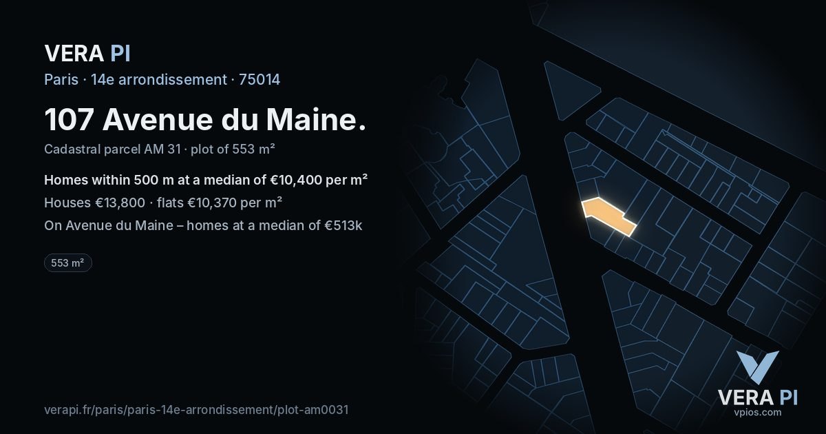 107 Avenue du Maine, 14e arrondissement at night – the plot lit, the parcels around coloured by the prices near them