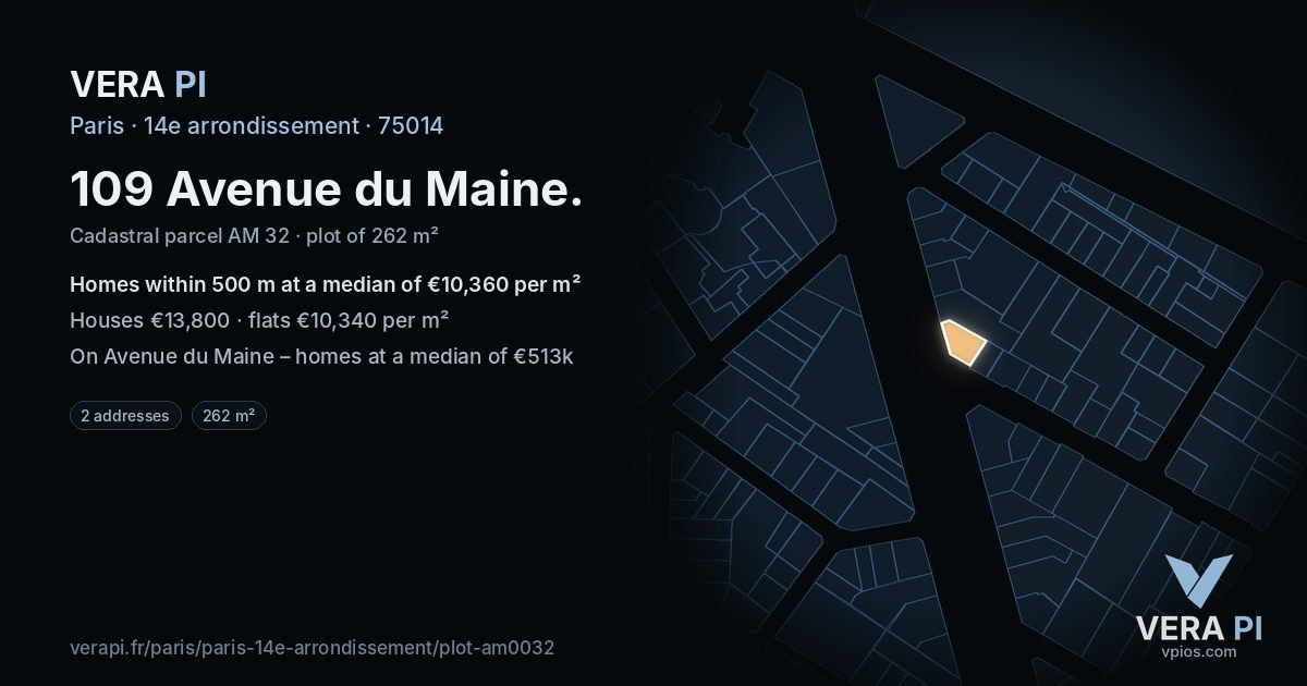 109 Avenue du Maine, 14e arrondissement at night – the plot lit, the parcels around coloured by the prices near them