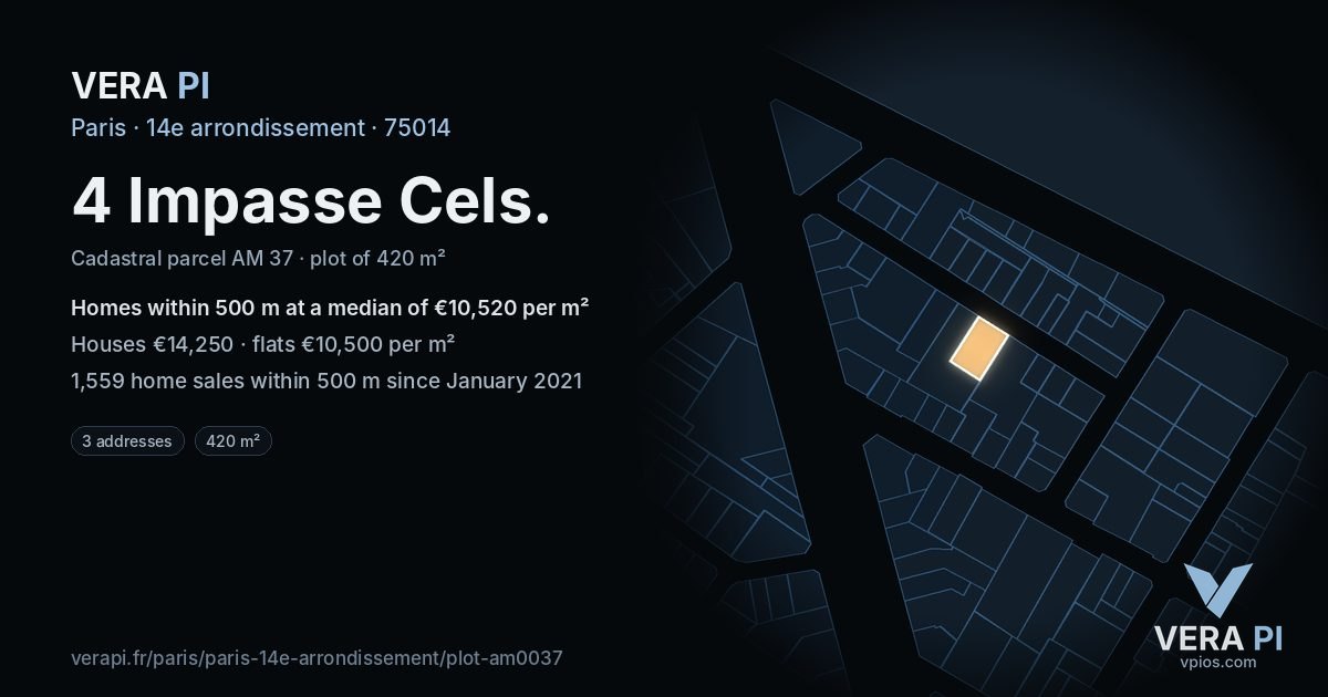 4 Impasse Cels, 14e arrondissement at night – the plot lit, the parcels around coloured by the prices near them