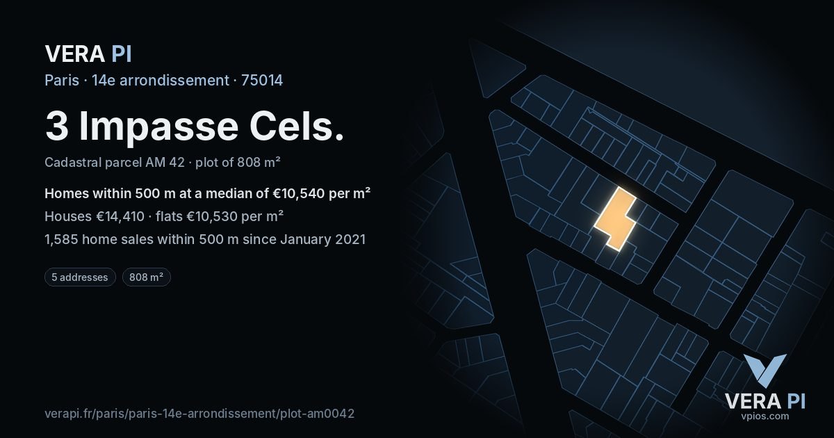 3 Impasse Cels, 14e arrondissement at night – the plot lit, the parcels around coloured by the prices near them