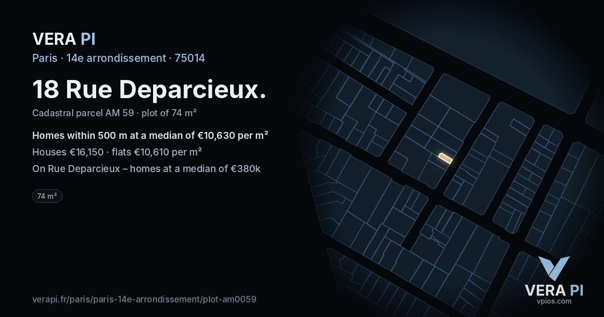 18 Rue Deparcieux, 14e arrondissement at night – the plot lit, the parcels around coloured by the prices near them