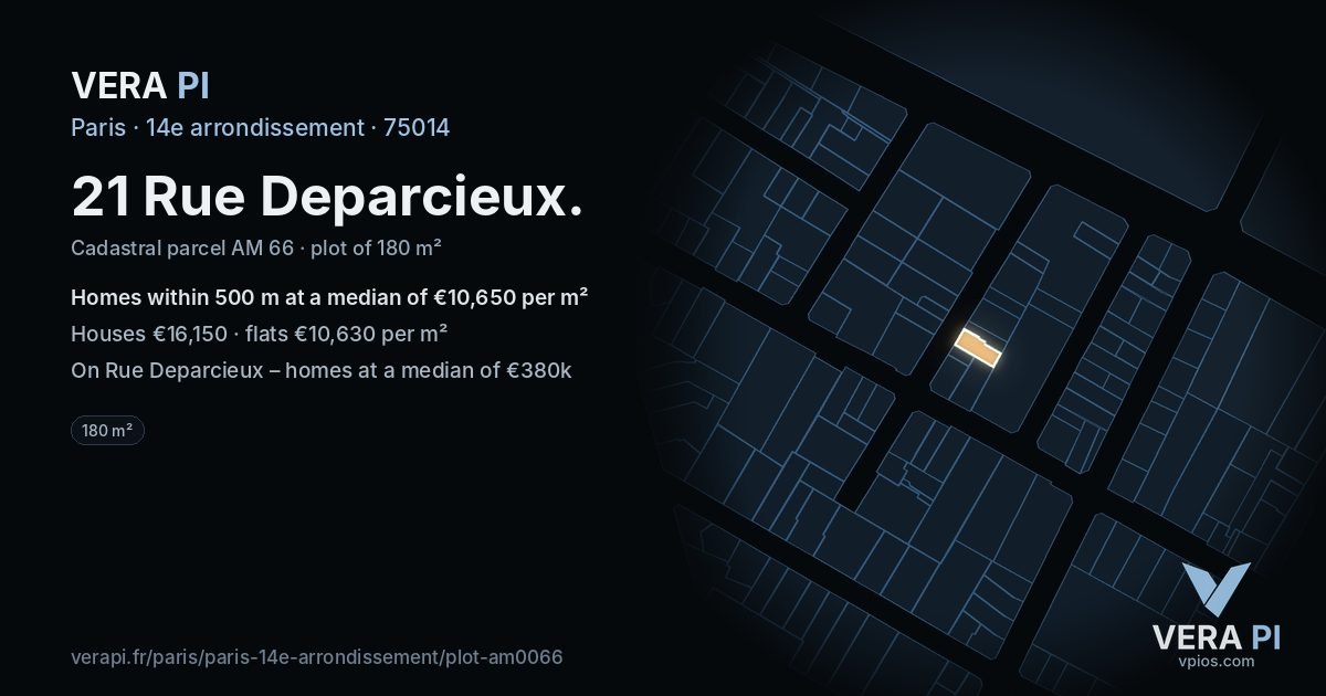21 Rue Deparcieux, 14e arrondissement at night – the plot lit, the parcels around coloured by the prices near them