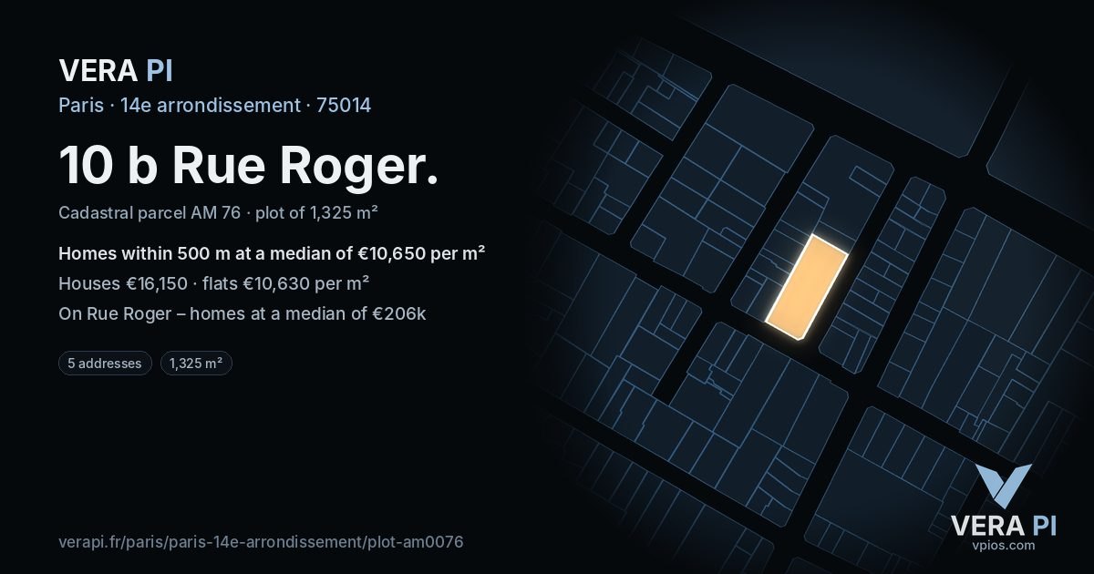 10 b Rue Roger, 14e arrondissement at night – the plot lit, the parcels around coloured by the prices near them