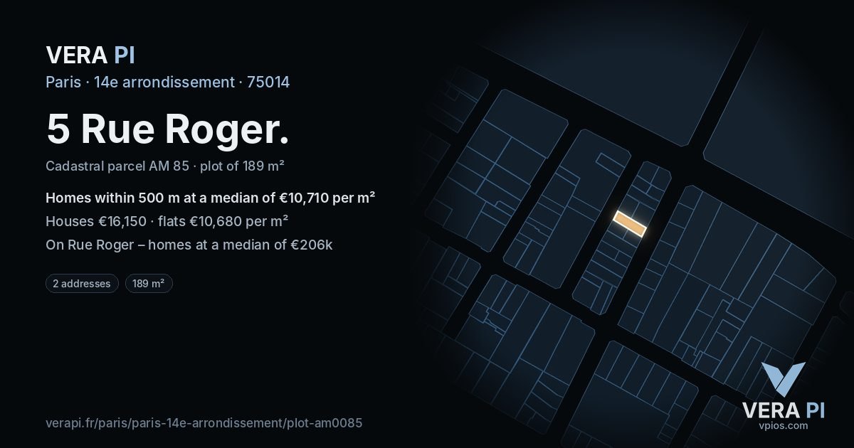 5 Rue Roger, 14e arrondissement at night – the plot lit, the parcels around coloured by the prices near them