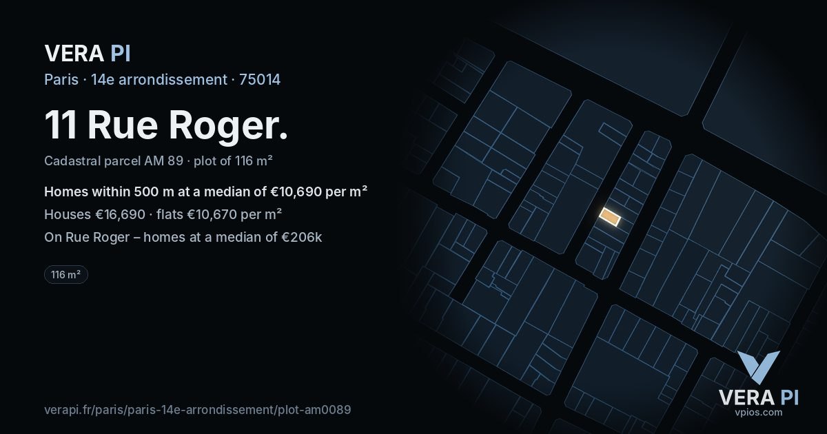 11 Rue Roger, 14e arrondissement at night – the plot lit, the parcels around coloured by the prices near them