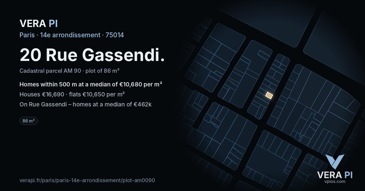 20 Rue Gassendi, 14e arrondissement at night – the plot lit, the parcels around coloured by the prices near them