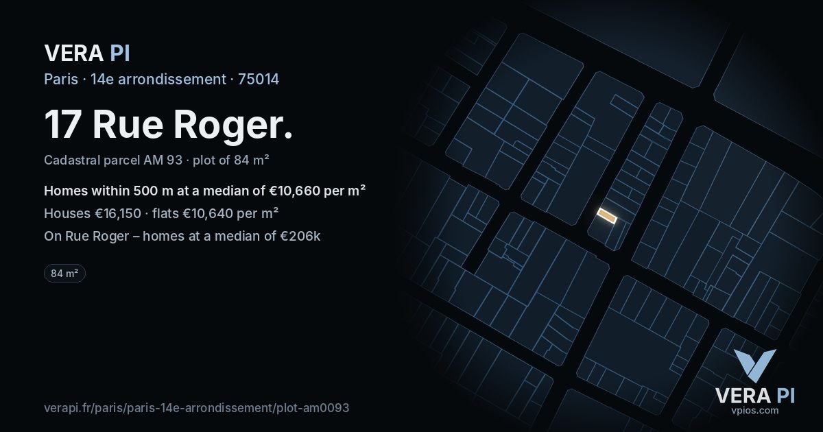 17 Rue Roger, 14e arrondissement at night – the plot lit, the parcels around coloured by the prices near them
