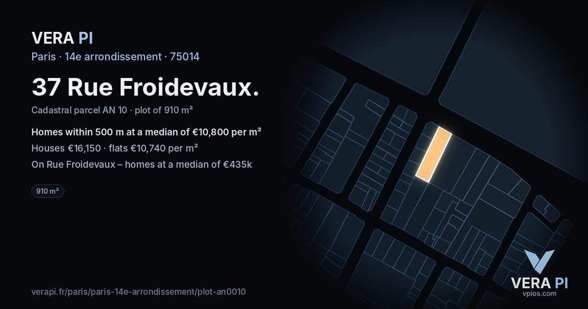 37 Rue Froidevaux, 14e arrondissement at night – the plot lit, the parcels around coloured by the prices near them