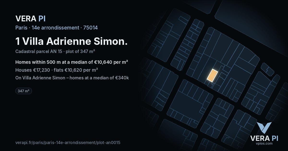 1 Villa Adrienne Simon, 14e arrondissement at night – the plot lit, the parcels around coloured by the prices near them