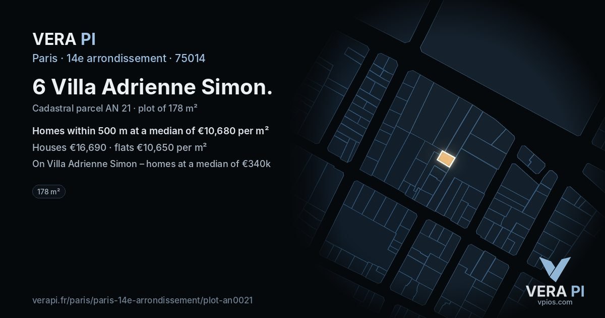 6 Villa Adrienne Simon, 14e arrondissement at night – the plot lit, the parcels around coloured by the prices near them