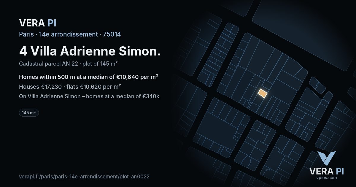 4 Villa Adrienne Simon, 14e arrondissement at night – the plot lit, the parcels around coloured by the prices near them