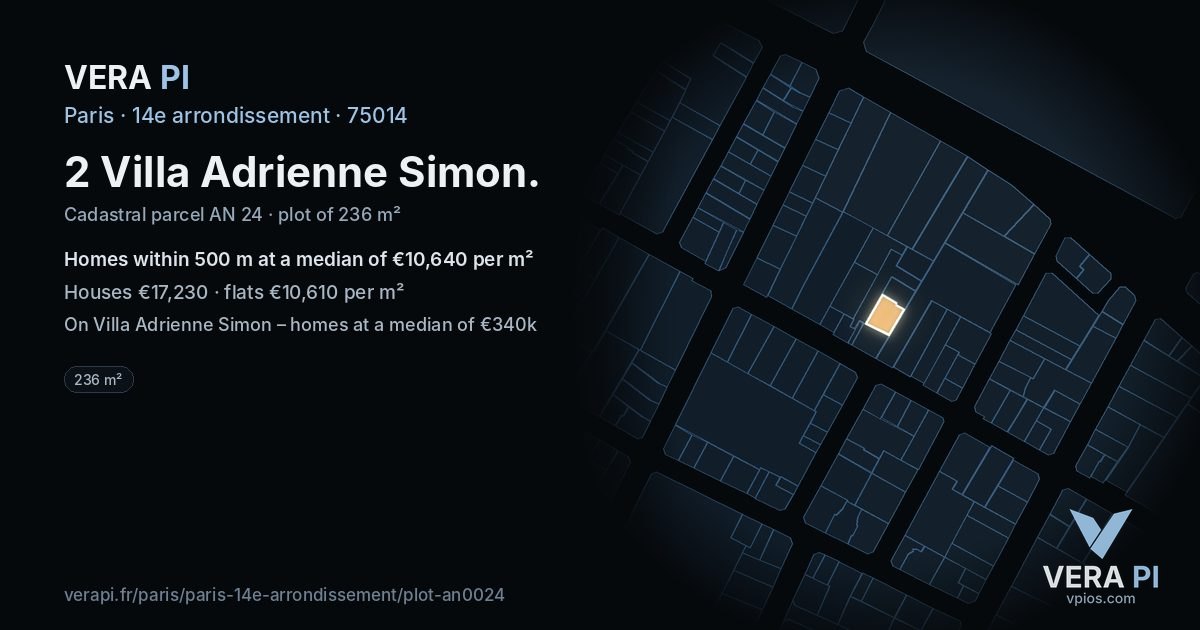 2 Villa Adrienne Simon, 14e arrondissement at night – the plot lit, the parcels around coloured by the prices near them