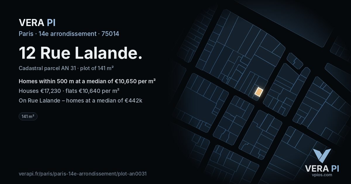 12 Rue Lalande, 14e arrondissement at night – the plot lit, the parcels around coloured by the prices near them