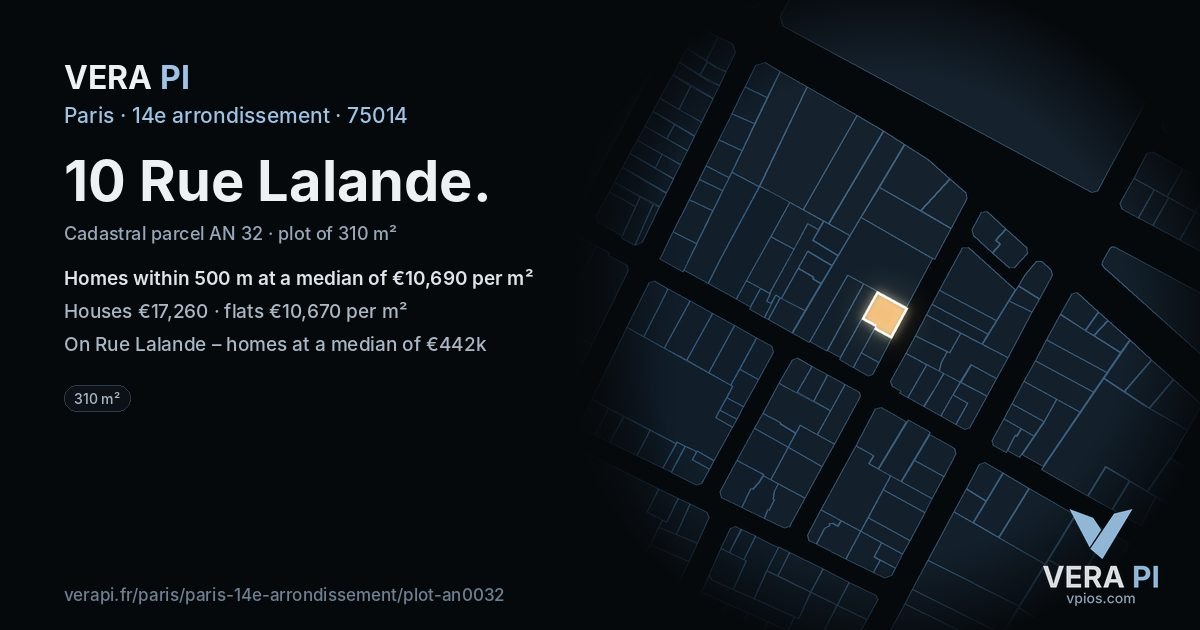 10 Rue Lalande, 14e arrondissement at night – the plot lit, the parcels around coloured by the prices near them