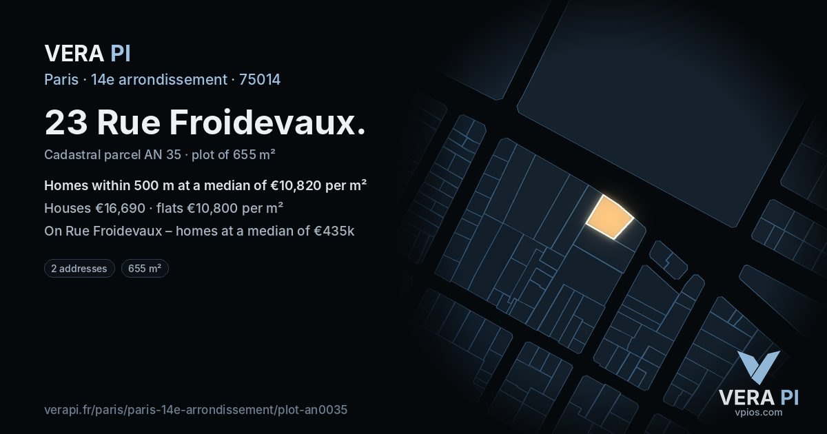 23 Rue Froidevaux, 14e arrondissement at night – the plot lit, the parcels around coloured by the prices near them