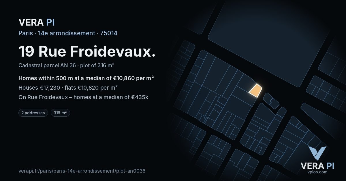 19 Rue Froidevaux, 14e arrondissement at night – the plot lit, the parcels around coloured by the prices near them