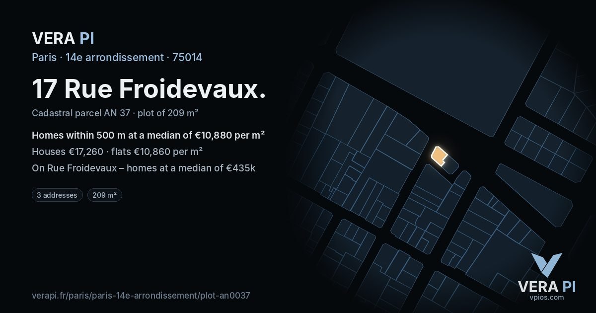 17 Rue Froidevaux, 14e arrondissement at night – the plot lit, the parcels around coloured by the prices near them