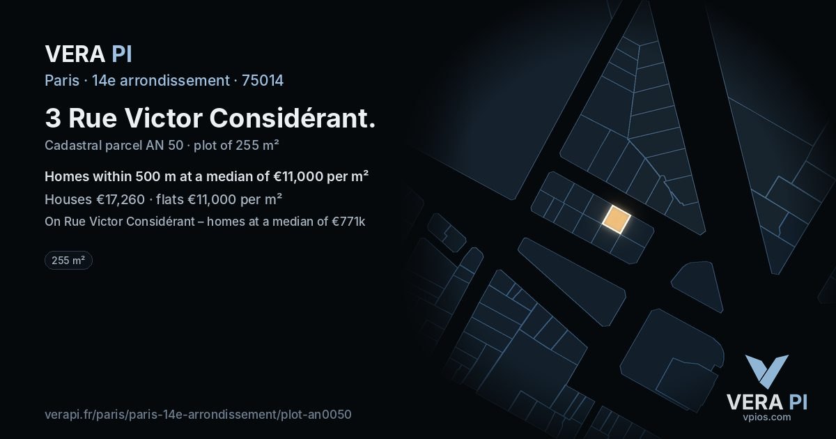 3 Rue Victor Considérant, 14e arrondissement at night – the plot lit, the parcels around coloured by the prices near them