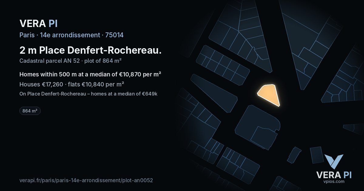 2 m Place Denfert-Rochereau, 14e arrondissement at night – the plot lit, the parcels around coloured by the prices near them
