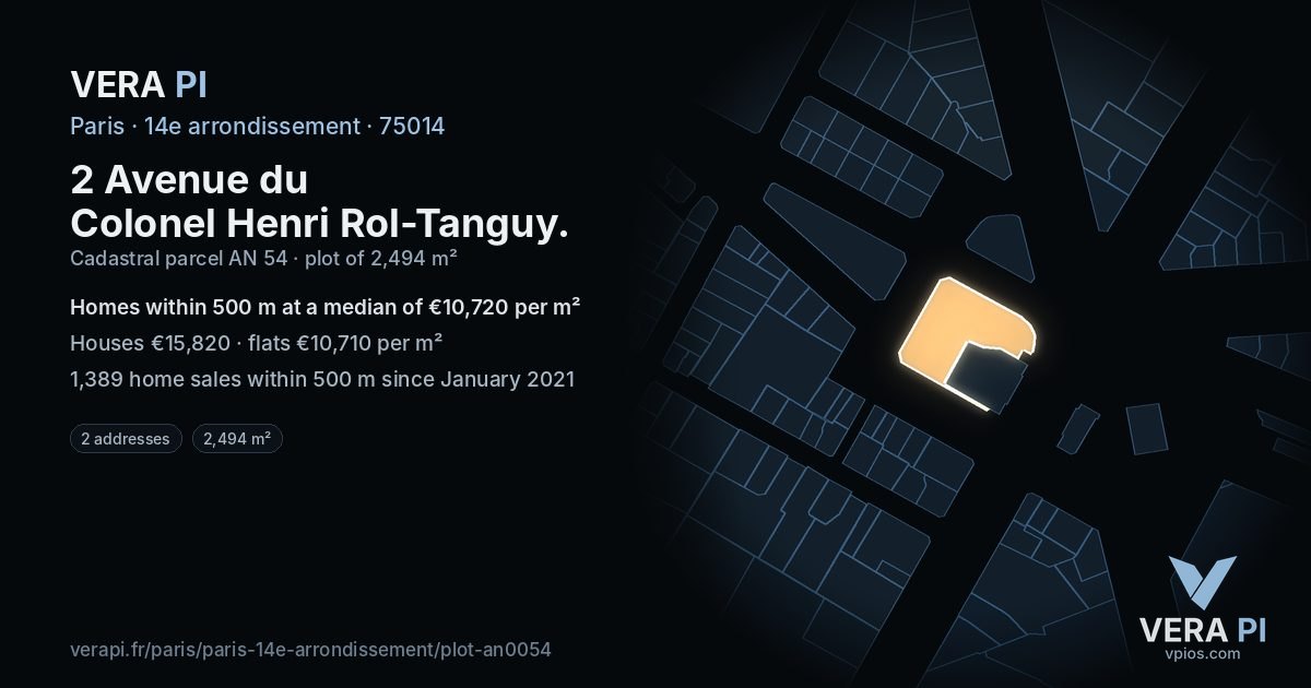 2 Avenue du Colonel Henri Rol-Tanguy, 14e arrondissement at night – the plot lit, the parcels around coloured by the prices near them