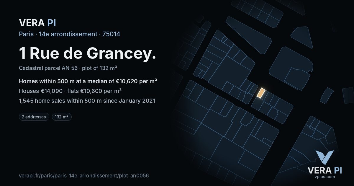 1 Rue de Grancey, 14e arrondissement at night – the plot lit, the parcels around coloured by the prices near them