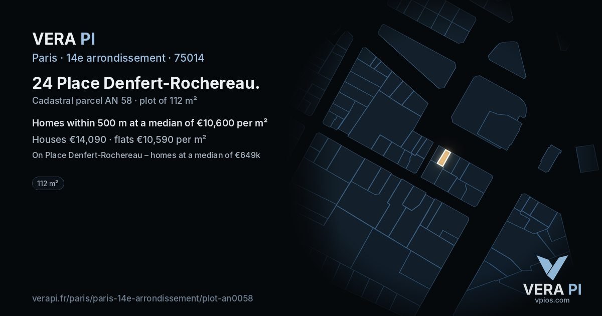 24 Place Denfert-Rochereau, 14e arrondissement at night – the plot lit, the parcels around coloured by the prices near them
