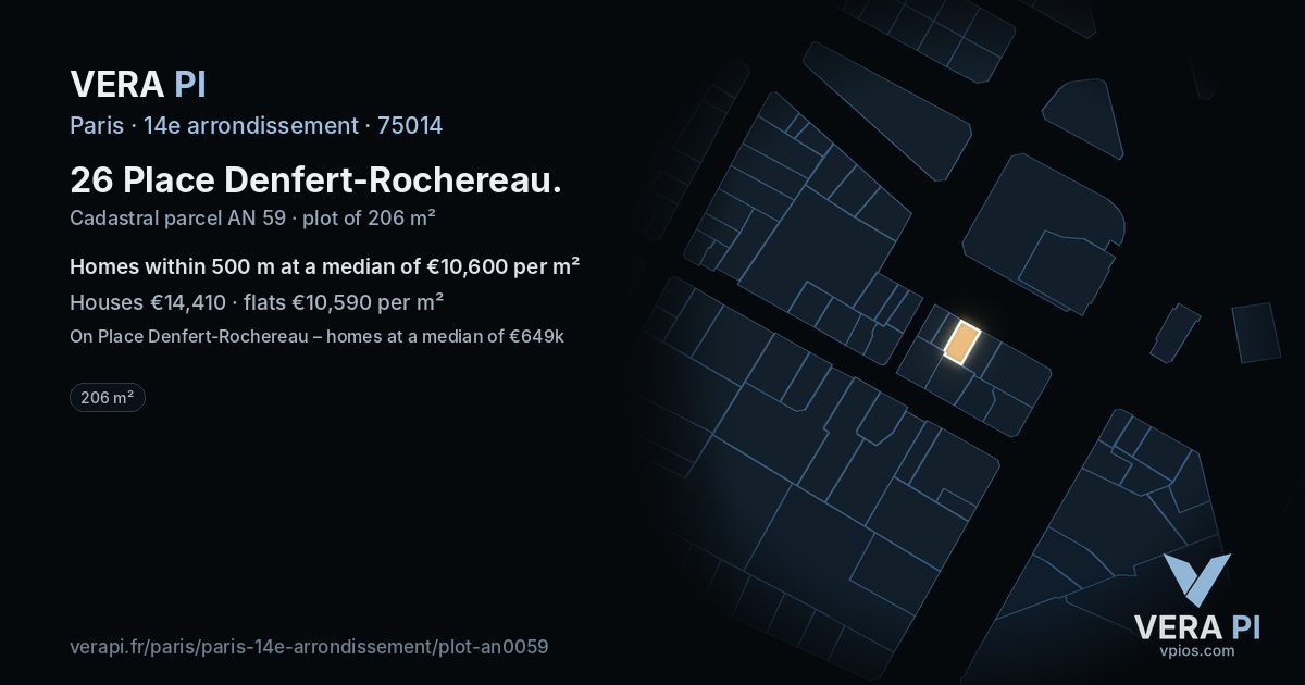 26 Place Denfert-Rochereau, 14e arrondissement at night – the plot lit, the parcels around coloured by the prices near them