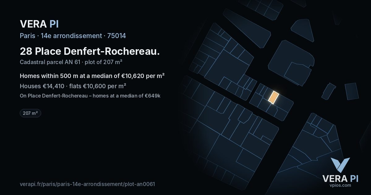 28 Place Denfert-Rochereau, 14e arrondissement at night – the plot lit, the parcels around coloured by the prices near them