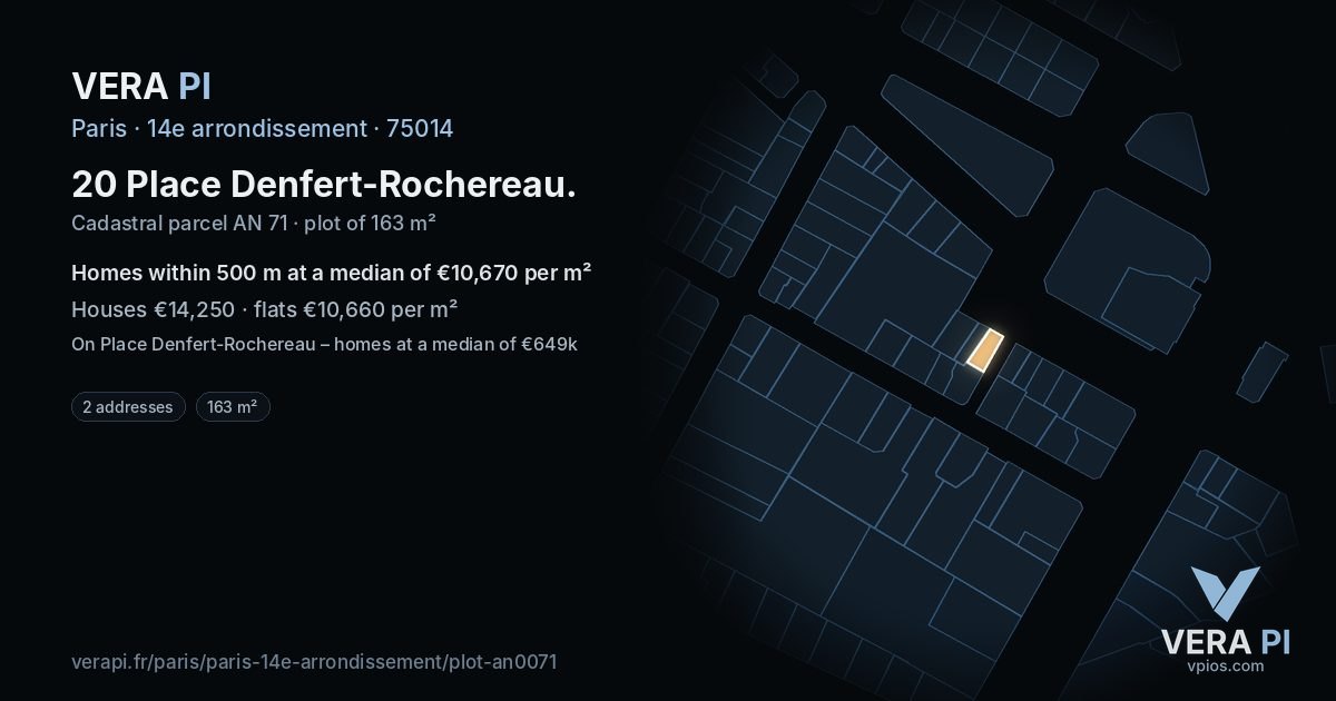 20 Place Denfert-Rochereau, 14e arrondissement at night – the plot lit, the parcels around coloured by the prices near them