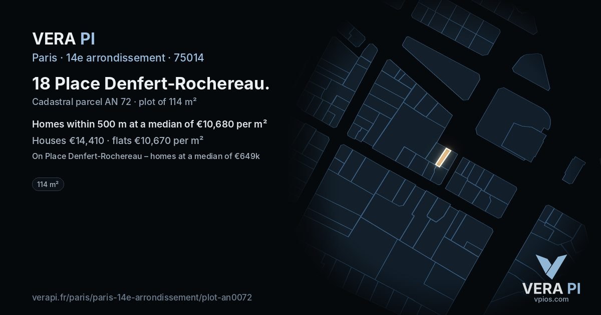 18 Place Denfert-Rochereau, 14e arrondissement at night – the plot lit, the parcels around coloured by the prices near them