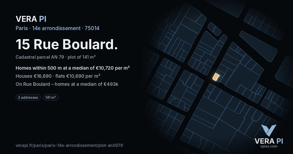 15 Rue Boulard, 14e arrondissement at night – the plot lit, the parcels around coloured by the prices near them