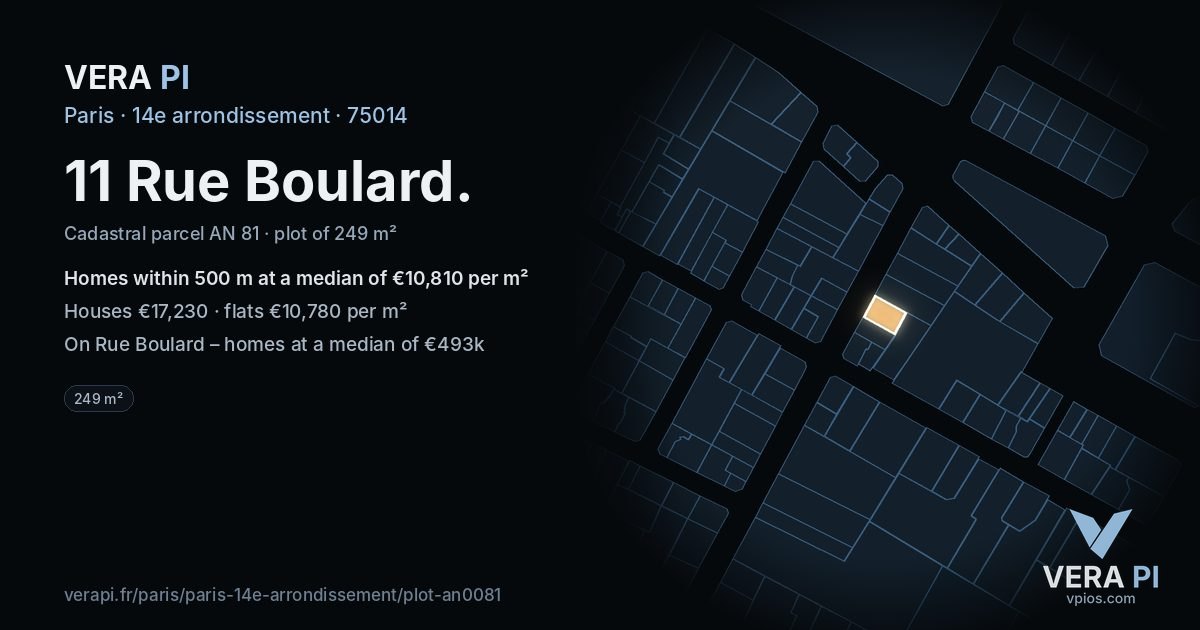 11 Rue Boulard, 14e arrondissement at night – the plot lit, the parcels around coloured by the prices near them