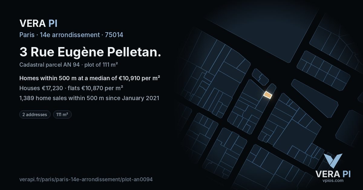3 Rue Eugène Pelletan, 14e arrondissement at night – the plot lit, the parcels around coloured by the prices near them