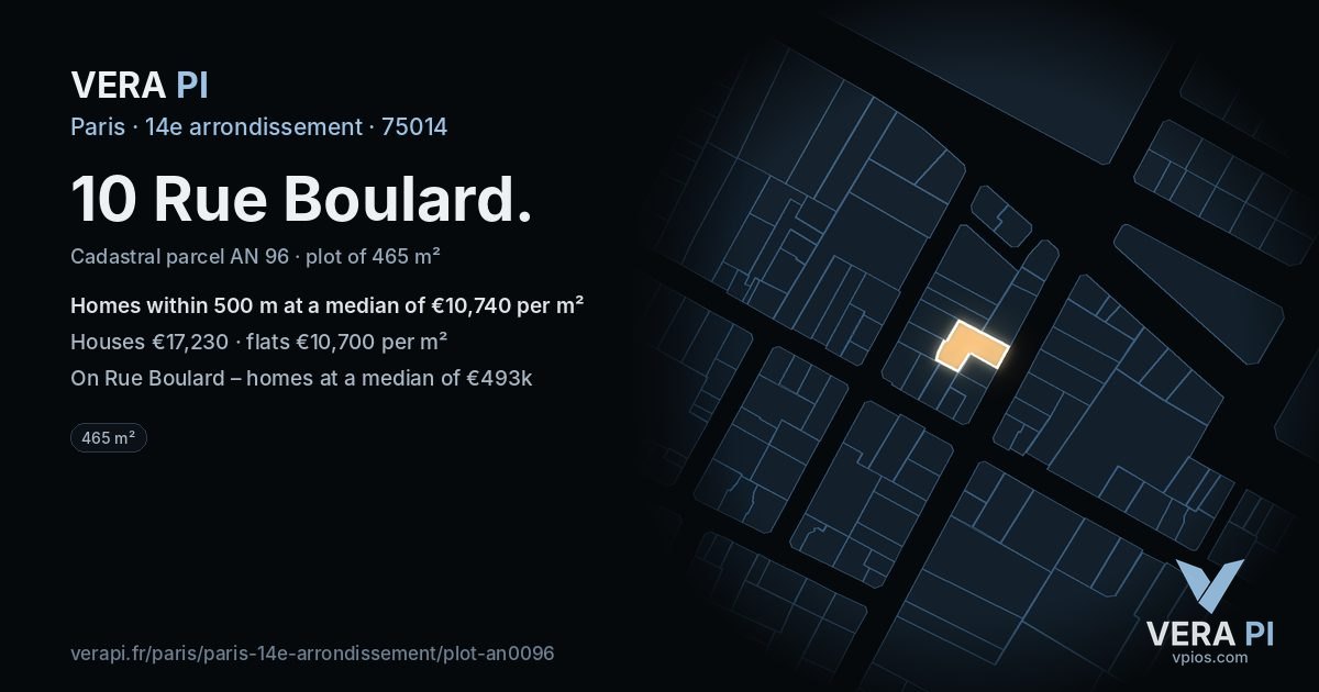 10 Rue Boulard, 14e arrondissement at night – the plot lit, the parcels around coloured by the prices near them